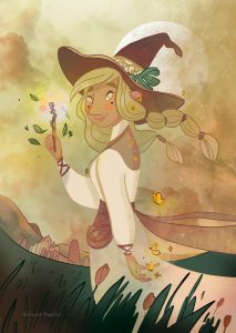 une sorcière dans un champs tenant sa baguette magique