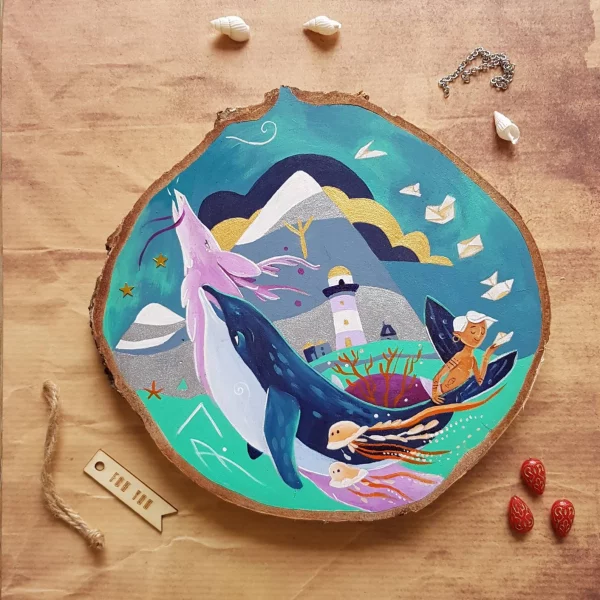 peinture dragon, baleine avec un paysage marin et un phare