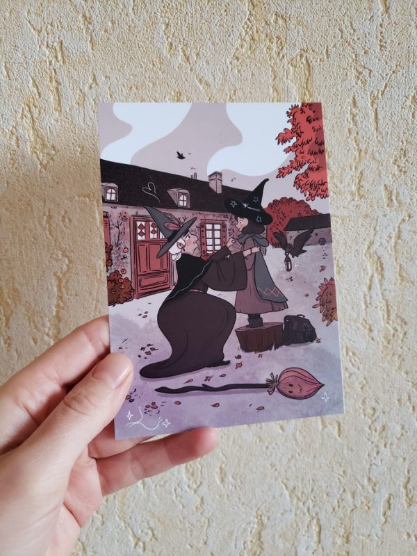 carte postale d'une mamie sorcière préparant sa petite fille sorcière pour la rentrée