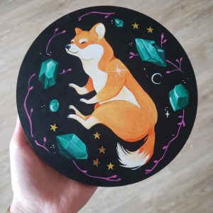 Peinture Shiba et émeraudes
