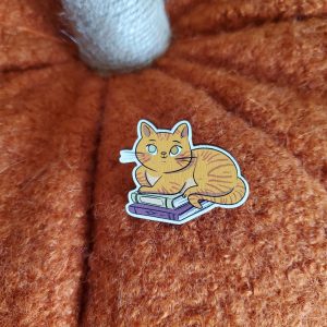 Broche en bois chat roux lecteur